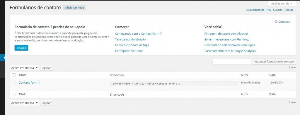 Primeira tela do Contact Form 7